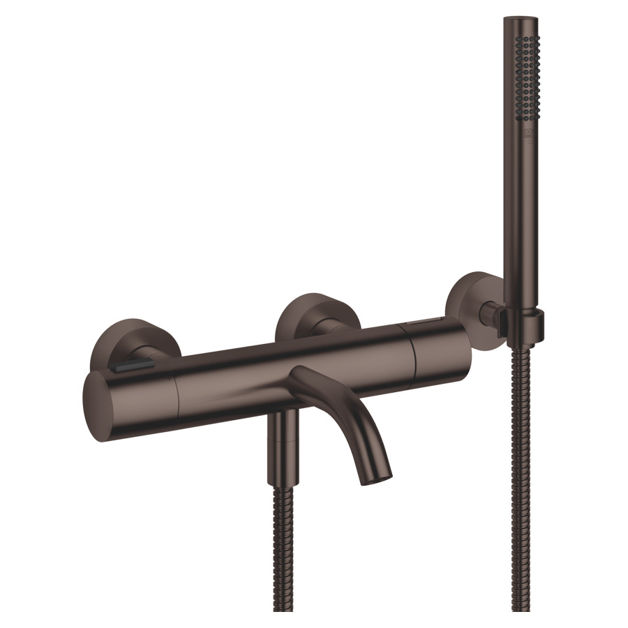 Mélangeur de bain META
thermostat, E 150 mm
S 210 mm, raccords S cachés
1/2" x 3/4", inverseur, douche
à main bâton système
anticalcaire, tuyau 125 cm
support, groupe acoustique II
