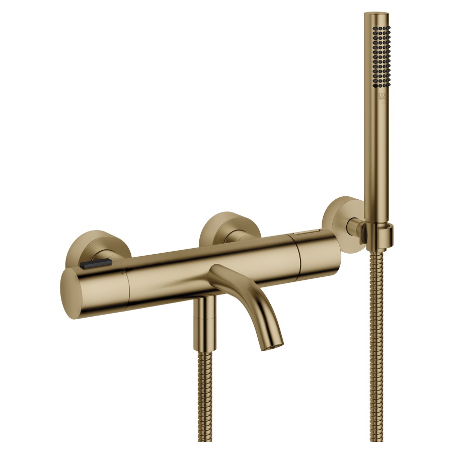 Mélangeur de bain META
thermostat, E 150 mm
S 210 mm, raccords S cachés
1/2" x 3/4", inverseur, douche
à main bâton système
anticalcaire, tuyau 125 cm
support, groupe acoustique II