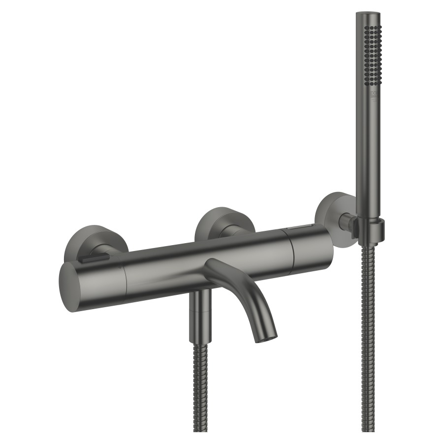 Mélangeur de bain META
thermostat, E 150 mm
S 210 mm, raccords S cachés
1/2" x 3/4", inverseur, douche
à main bâton système
anticalcaire, tuyau 125 cm
support, groupe acoustique II
