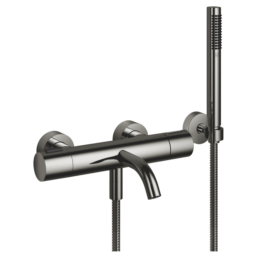 Mélangeur de bain META
thermostat, E 150 mm
S 210 mm, raccords S cachés
1/2" x 3/4", inverseur, douche
à main bâton système
anticalcaire, tuyau 125 cm
support, groupe acoustique II