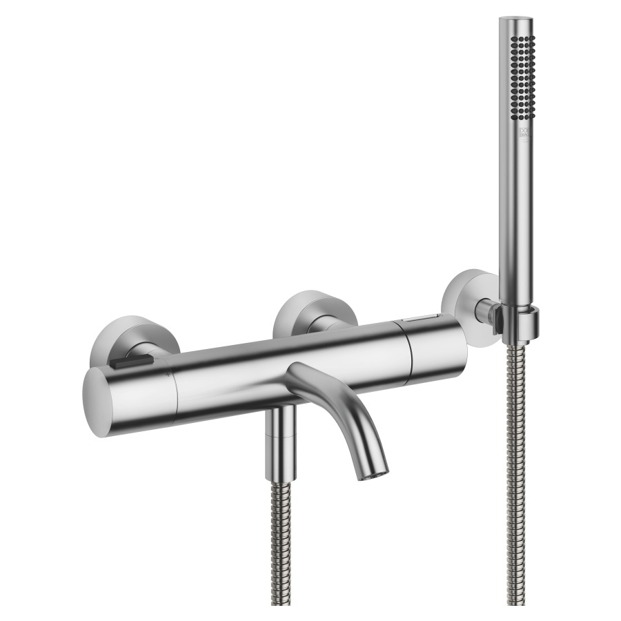 Mélangeur de bain META
thermostat, E 150 mm
S 210 mm, raccords S cachés
1/2" x 3/4", inverseur, douche
à main bâton système
anticalcaire, tuyau 125 cm
support, groupe acoustique II