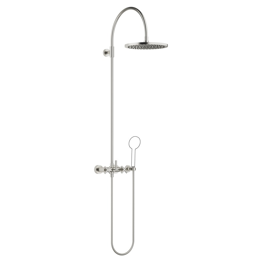 Système de douche TARA
H 116,7 cm, 1/2", E 135-165 mm
batterie de douche, inverseur
rotatif pomme de douche/
dochette à main, pomme de
douche D 300 mm, S 420 mm
système anticalcaire
tuyau de douche 150 cm, sans
douche à main, débit 10 l/min.