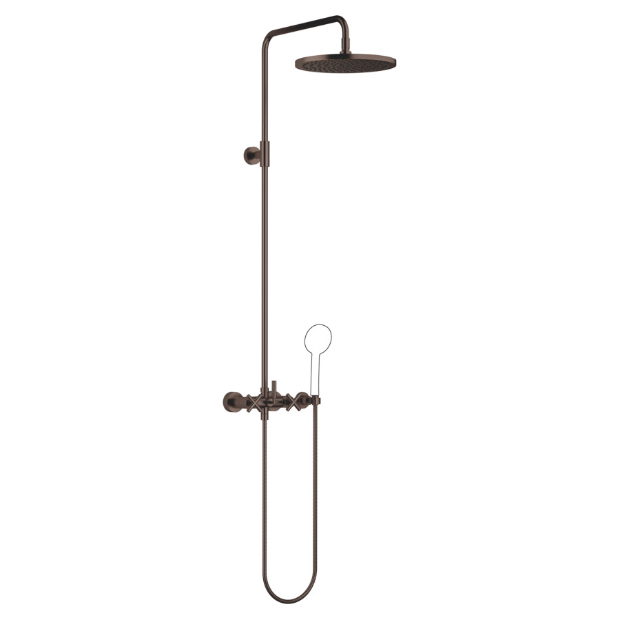 Système de douche TARA
H 116,7 cm, 1/2", E 135-165 mm
batterie de douche, inverseur
rotatif pomme de douche/
dochette à main, pomme de
douche D 300 mm, S 420 mm
système anticalcaire
tuyau de douche 150 cm, sans
douche à main, débit 10 l/min.