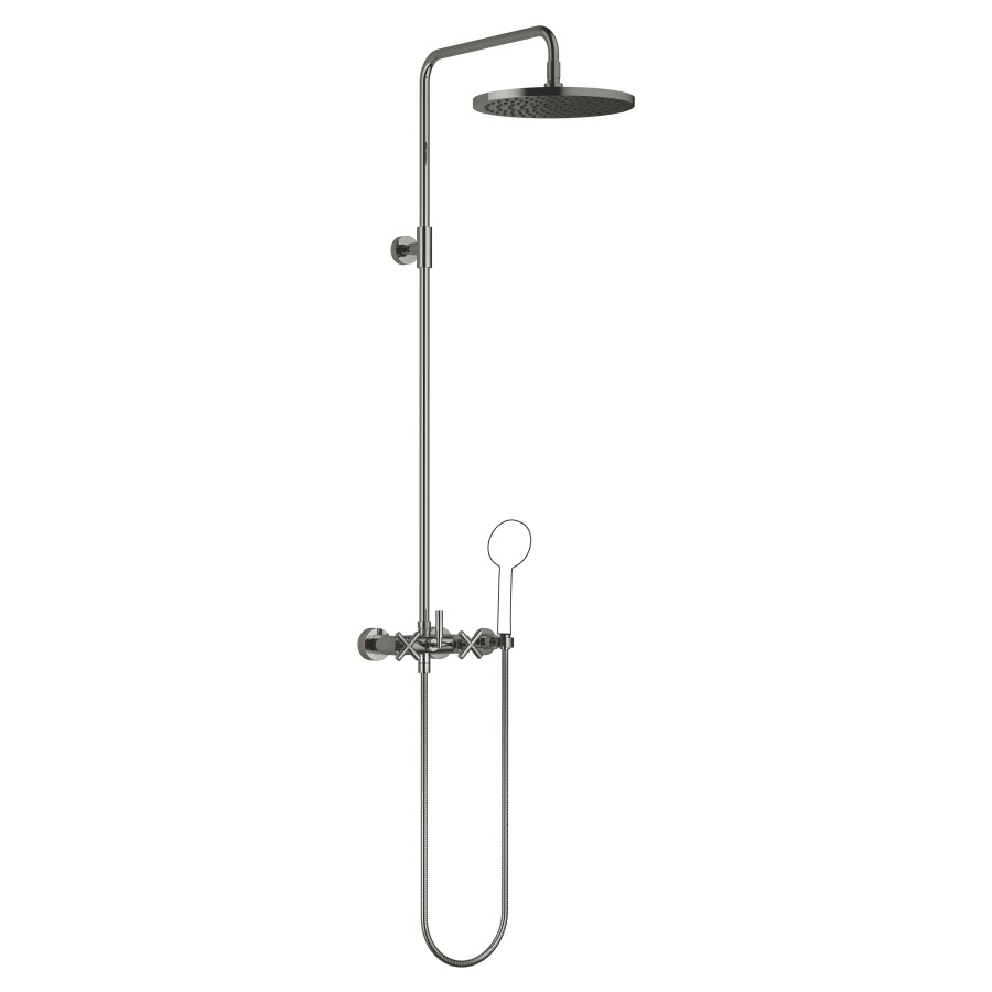 Système de douche TARA
H 116,7 cm, 1/2", E 135-165 mm
batterie de douche, inverseur
rotatif pomme de douche/
dochette à main, pomme de
douche D 300 mm, S 420 mm
système anticalcaire
tuyau de douche 150 cm, sans
douche à main, débit 10 l/min.