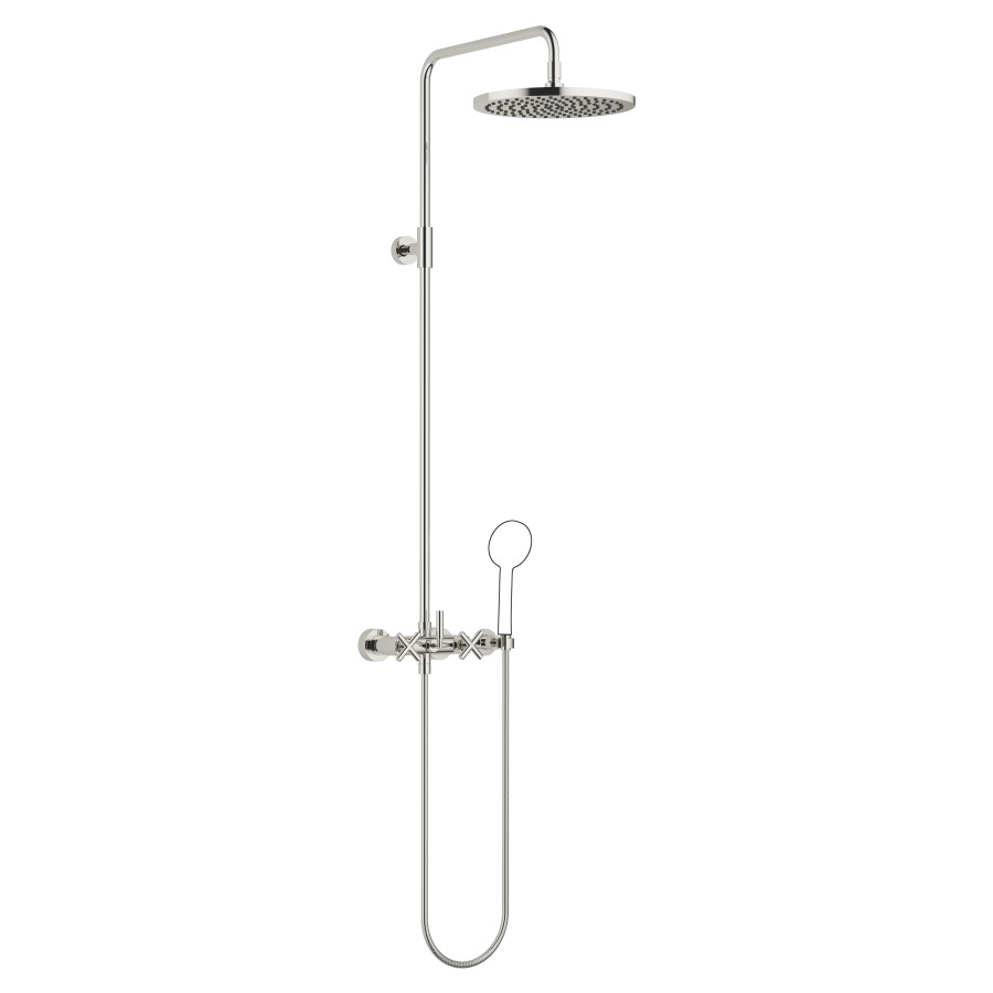 Système de douche TARA
H 116,7 cm, 1/2", E 135-165 mm
batterie de douche, inverseur
rotatif pomme de douche/
dochette à main, pomme de
douche D 300 mm, S 420 mm
système anticalcaire
tuyau de douche 150 cm, sans
douche à main, débit 10 l/min.