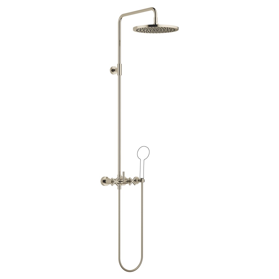 Système de douche TARA
H 116,7 cm, 1/2", E 135-165 mm
batterie de douche, inverseur
rotatif pomme de douche/
dochette à main, pomme de
douche D 300 mm, S 420 mm
système anticalcaire
tuyau de douche 150 cm, sans
douche à main, débit 10 l/min.