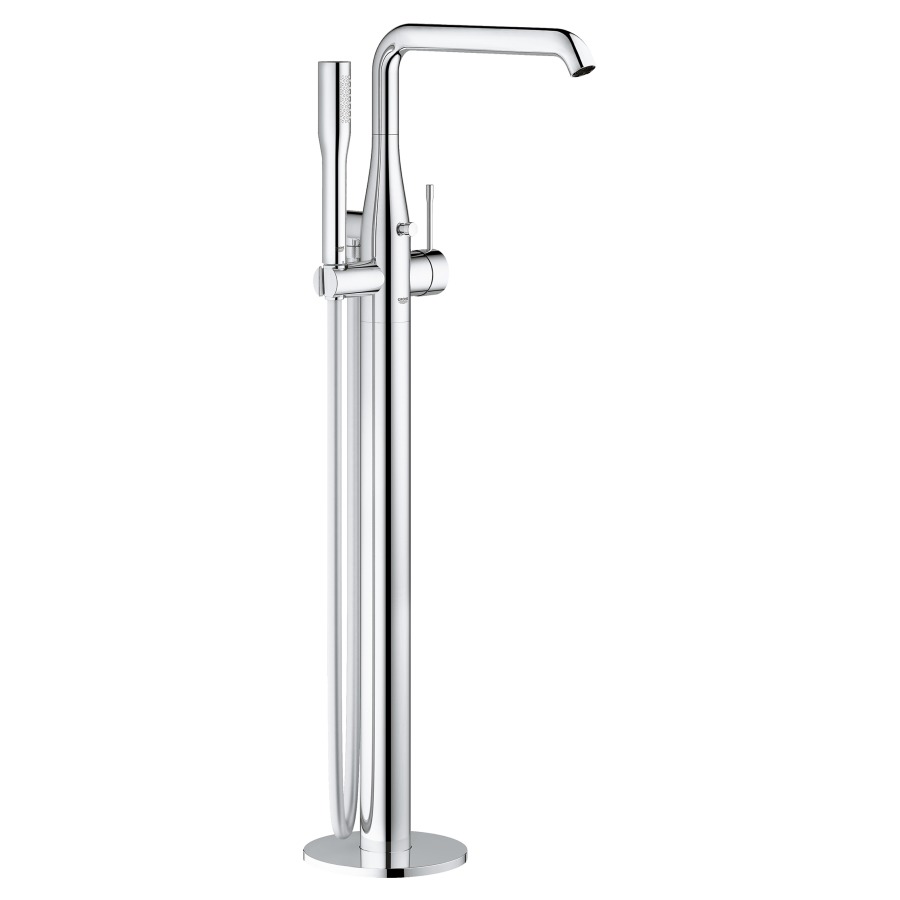 Mélangeur de bain ESSENCE NEW
S 277 mm, goulot orientable
H jusqu'à aérateur 740-844 mm
avec colonne pour montage
à pose libre, douche à main
tuyau 125 cm
sans corps à encastrer 755 104
