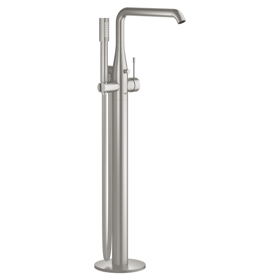 Mélangeur de bain ESSENCE NEW
S 277 mm, goulot orientable
H jusqu'à aérateur 740-844 mm
avec colonne pour montage
à pose libre, douche à main
tuyau 125 cm
sans corps à encastrer 755 104