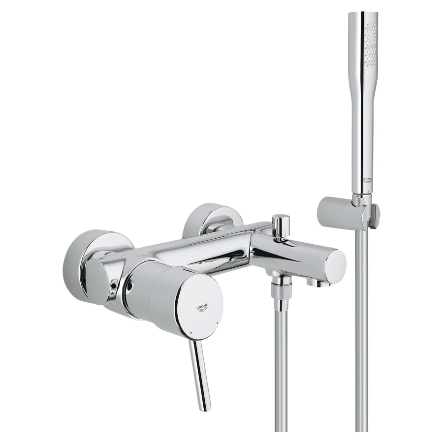 Mélangeur de bain CONCETTO
S 156 mm, E 150±15 mm
raccords S 1/2" x 3/4" cachés
avec garniture de douche
groupe acoustique I