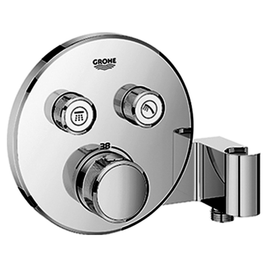 Thermostat GROHTHERM SMART
CONTROL UP, set de montage
final, thermostat avec 2
robinets d'arrêt, support de
douche intégrée, plaque de
fermeture D 158 mm, sans
corps à encastrer 756 040