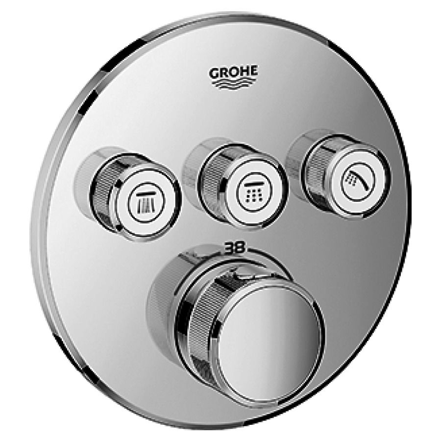 Thermostat GROHTHERM SMART
CONTROL UP, set de montage
final, thermostat avec 3
robinets d'arrêt, plaque de
fermeture D 158 mm, sans
corps à encastrer 756 040