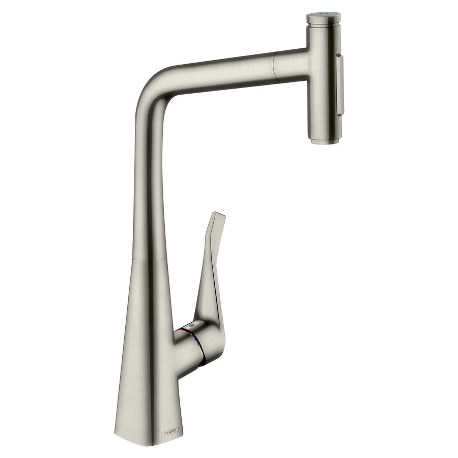 Mélangeur d'évier METRIS
SELECT 320, S 235 mm, goulot
orientable 110°/150°, douche
extensible, jet laminaire et
jet pluie, Select-Button
On/Off, MagFit support de
douche magnétique, Quick-
Connect tuyau de douche
débit 8 l/min, avec sBox
groupe acoustique I