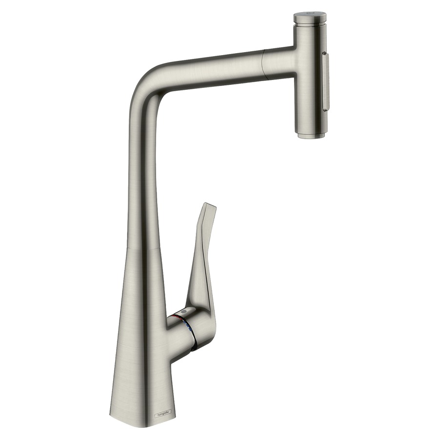 Mélangeur d'évier METRIS
SELECT 320, S 235 mm, goulot
orientable 110°/150°, douche
extensible, jet laminaire et
jet pluie, Select-Button
On/Off, MagFit support de
douche magnétique, Quick-
Connect tuyau de douche
débit 8 l/min, avec sBox
groupe acoustique I