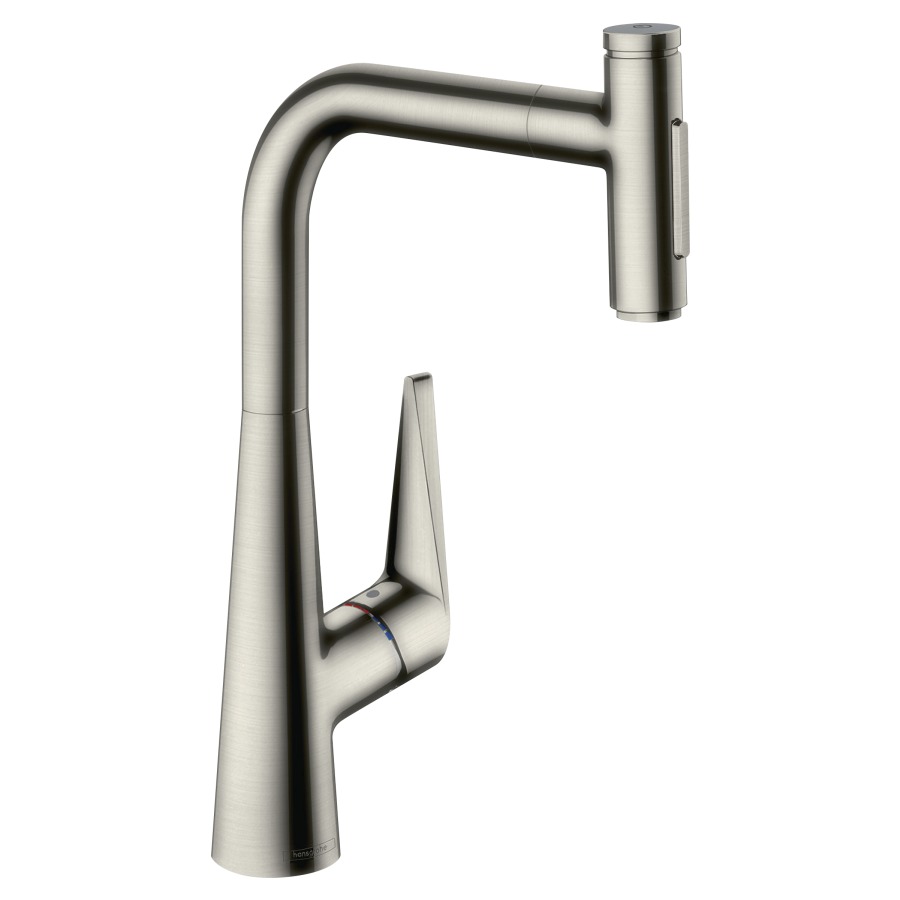 Mélangeur d'évier TALIS
SELECT S 300, S 220 mm, goulot
orientable 110°/150°, douche
extensible, jet laminaire et
jet pluie, Select-Button
On/Off, MagFit support de
douche magnétique, Quick-
Connect tuyau de douche
débit 8 l/min, avec sBox