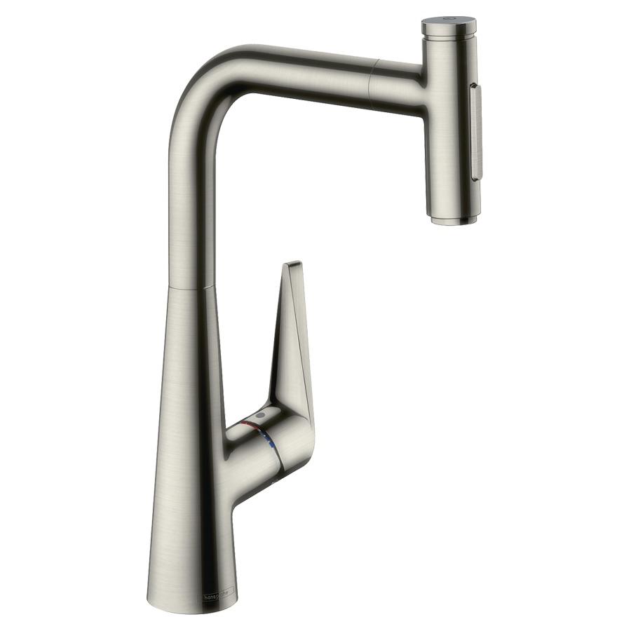 Mélangeur d'évier TALIS
SELECT S 300, S 220 mm, goulot
orientable 110°/150°, douche
extensible, jet laminaire et
jet pluie, Select-Button
On/Off, MagFit support de
douche magnétique, Quick-
Connect tuyau de douche
débit 8 l/min, avec sBox