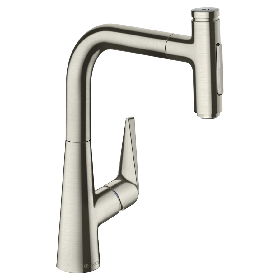 Mélangeur d'évier TALIS
SELECT S 220, S 208 mm, goulot
orientable 110°/150°, douche
extensible, jet laminaire et
jet pluie, Select-Button
On/Off, MagFit support de
douche magnétique, Quick-
Connect tuyau de douche
débit 8 l/min, avec sBox