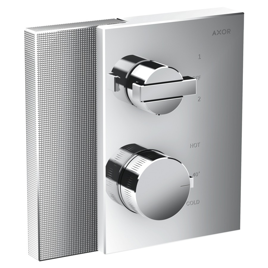 Thermostat EDGE UP
set de montage final
17,2 x 17,2 cm, pour commander
2 fonctions, avec robinet et
inverseur, d'arrêt, débit
29 l/min, sans corps à
encastrer 757 011