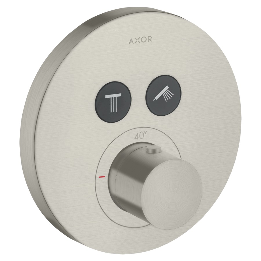 Thermostat SHOWERSOLUTIONS UP
Endmontageset
D 17 cm, Drucktasten, zur
Steuerung von 2 Verbrauchern
Durchflussmenge 26 l/min
ohne Einbaukörper 757 011