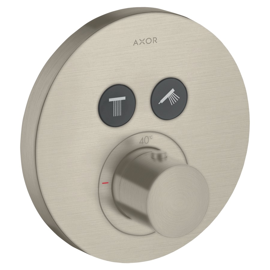 Thermostat SHOWERSOLUTIONS UP
Endmontageset
D 17 cm, Drucktasten, zur
Steuerung von 2 Verbrauchern
Durchflussmenge 26 l/min
ohne Einbaukörper 757 011