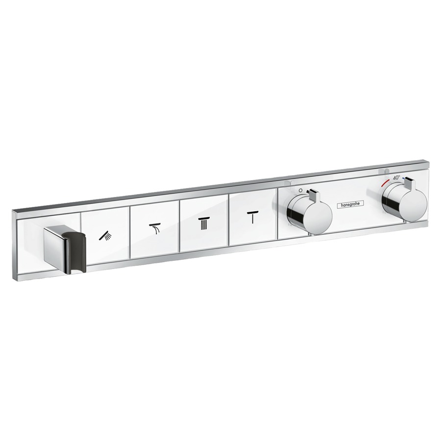 Module Thermostat RAINSELECT
UP, set de montage final
thermostat avec robinet
d'arrêt et Select-Button pour
la commande de 4 sorties
support de douche avec
raccordement de tuyau
débit 26 l/min, sans corps à
encastrer 757 026, groupe
acoustique I