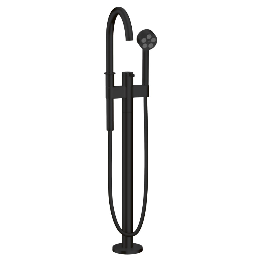 Mélangeur de bain ONE
S 220 mm, goulot fixe
H jusqu'à aérateur 866-946 mm
avec colonne pour montage à
pose libre, douche à main
tuyau de douche, support de
douche, sans corps à encastrer
758 415