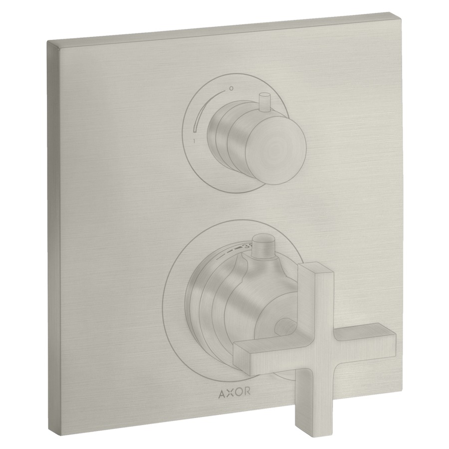 Thermostat CITTERIO
set de montage final
avec robinet d'arrêt et
inverseur, poignée à croix
sans 757 011, groupe
acoustique I