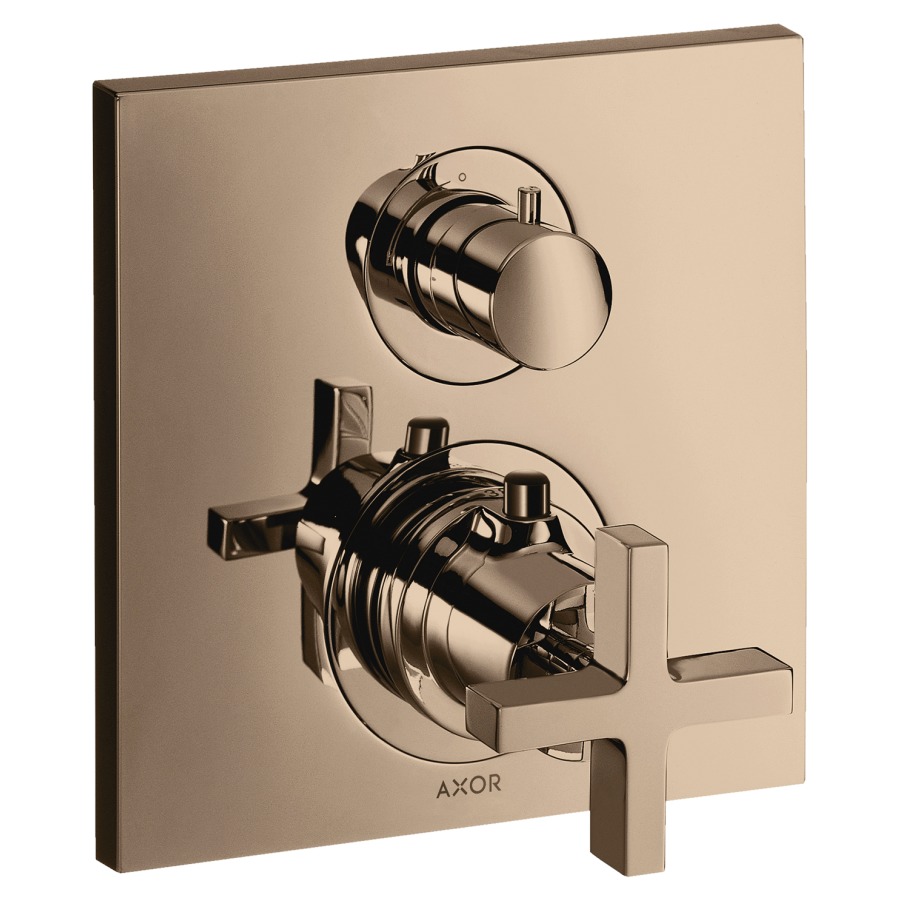 Thermostat CITTERIO
set de montage final
avec robinet d'arrêt et
inverseur, poignée à croix
sans 757 011, groupe
acoustique I