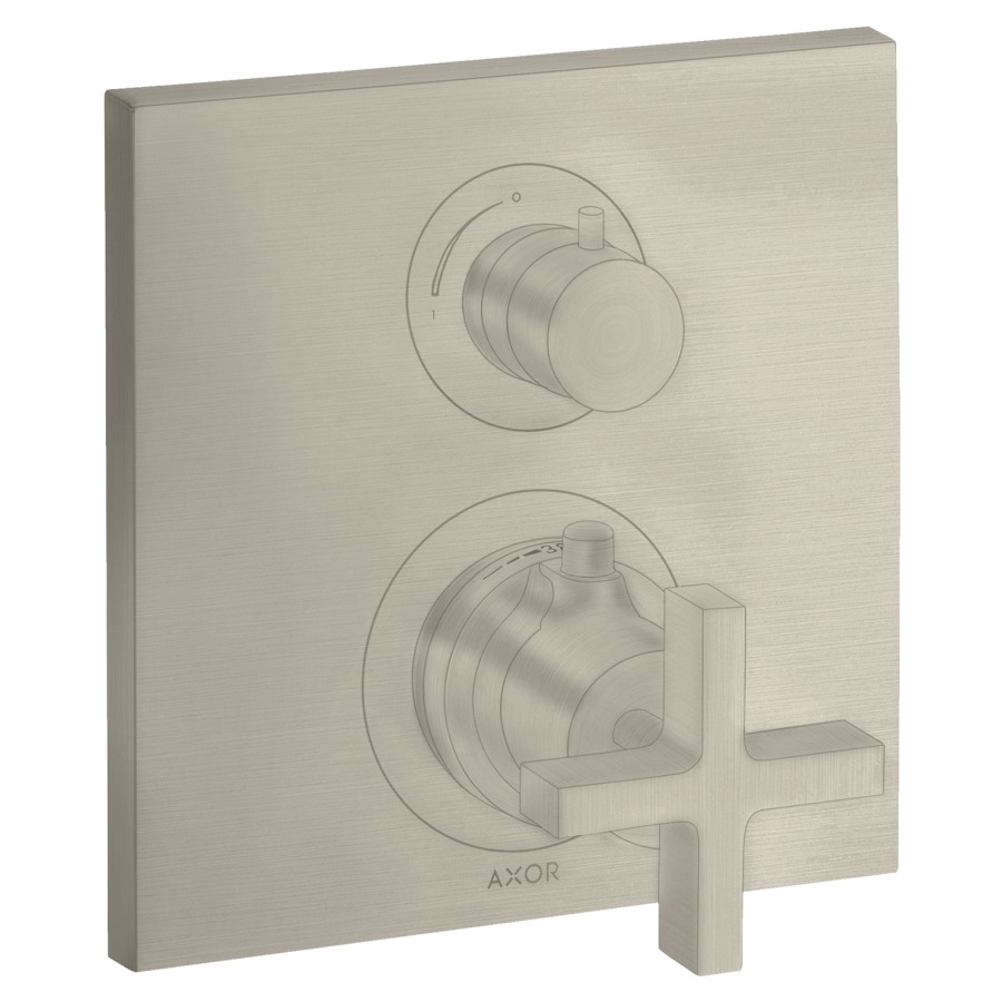 Thermostat CITTERIO
set de montage final
avec robinet d'arrêt et
inverseur, poignée à croix
sans 757 011, groupe
acoustique I