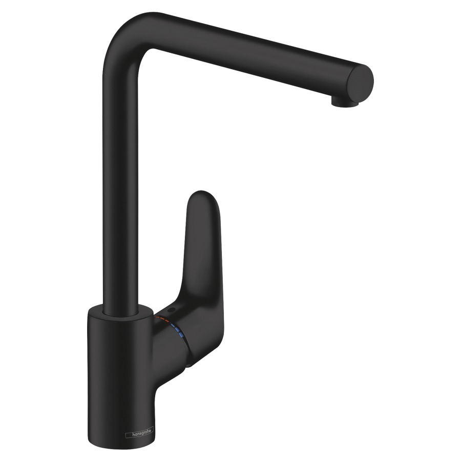 Mélangeur d'évier FOCUS 280
S 222 mm goulot orientable
110/150/360°, débit 12 l/min
cartouche en céramique
poignée position à gauche ou à
droite, groupe acoustique I