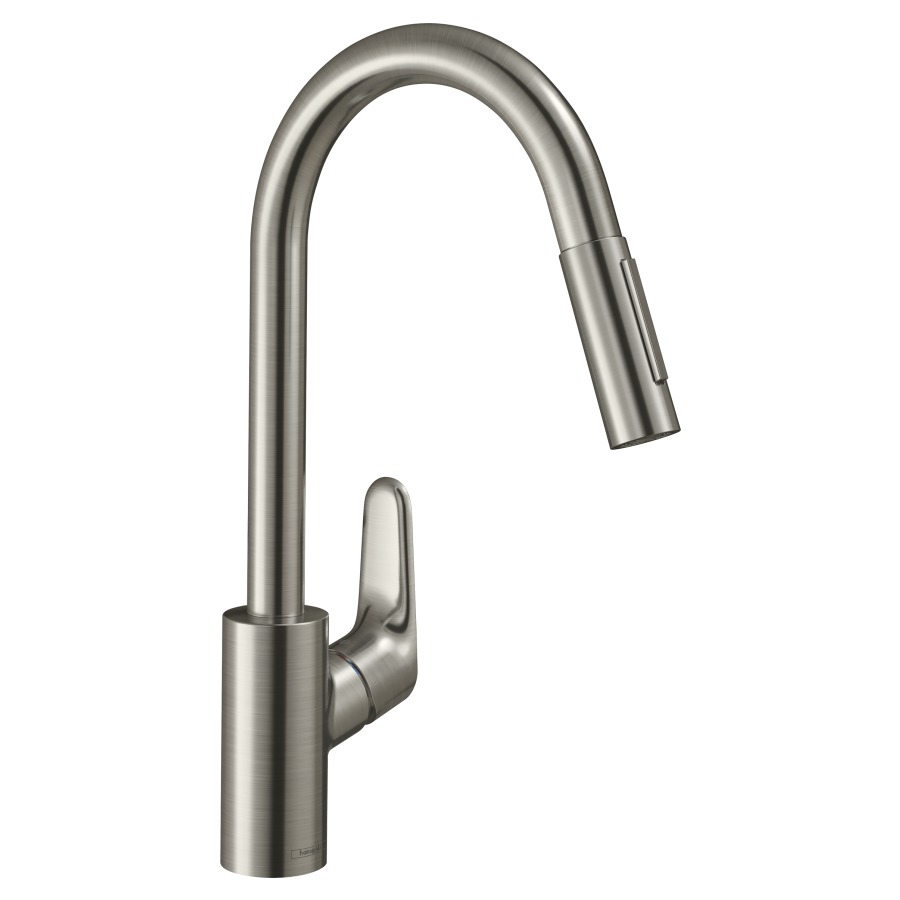 Mélangeur d'évier FOCUS 240
S 220 mm goulot orientable
150°, douche extensible
réglable, débit 9,5 l/min
cartouche en céramique
groupe acoustique I