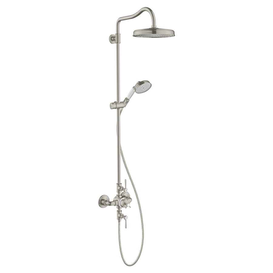 Système de douche MONTREUX
thermostat 1/2", inverseur
douche à main 1Jet, tuyau de
douche 160 cm, pomme de douche
D 240 mm, bras de douche 43 cm
groupe acoustique NT