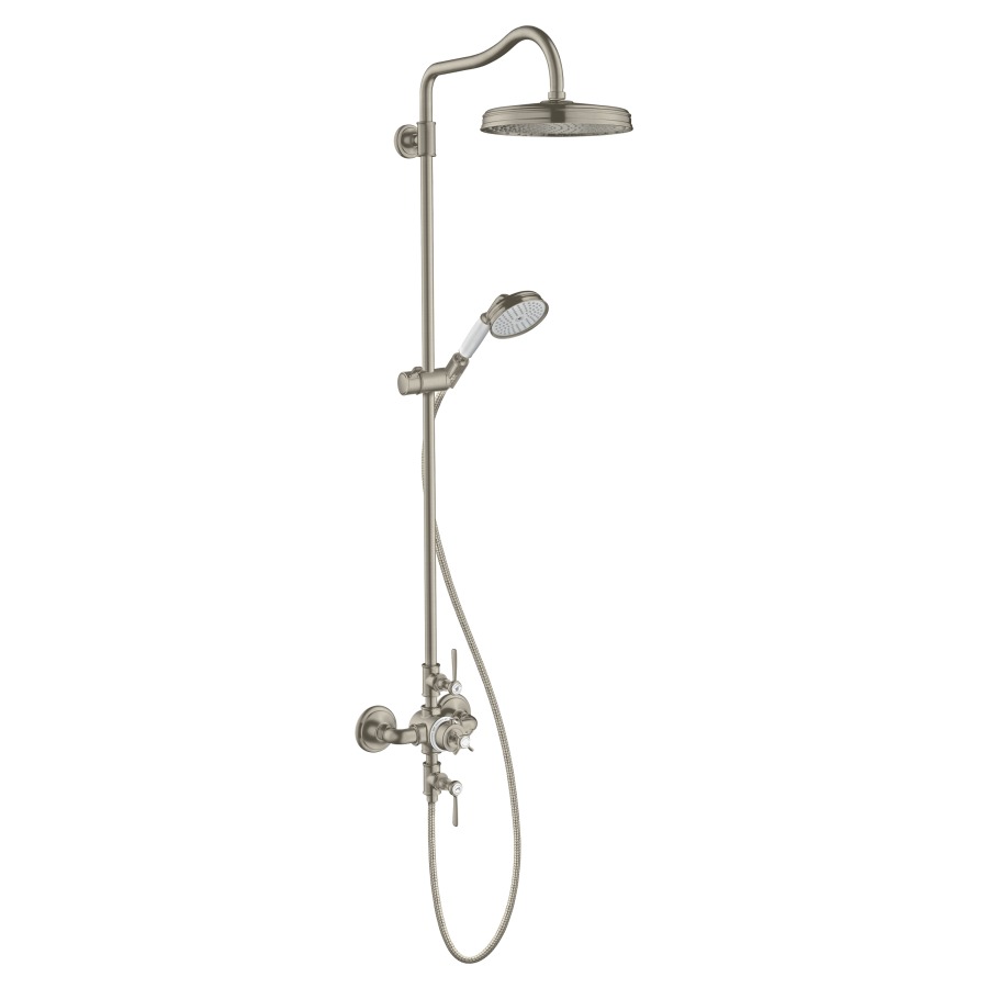 Système de douche MONTREUX
thermostat 1/2", inverseur
douche à main 1Jet, tuyau de
douche 160 cm, pomme de douche
D 240 mm, bras de douche 43 cm
groupe acoustique NT