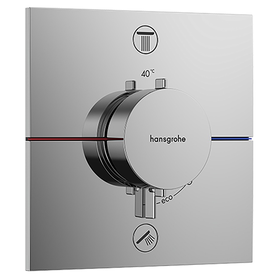 Thermostat SHOWERSELECT
COMFORT E UP
set de montage final
15,5 x 15,5 cm, pour commander
2 fonctions, robinet
Start/Stop, bouton Select
débit 22,1 l/min, sans corps à
encastrer 757 049