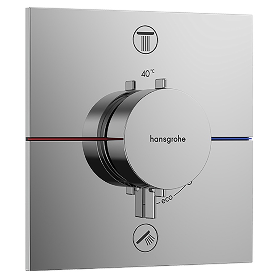 Thermostat SHOWERSELECT
COMFORT E UP
set de montage final
15,5 x 15,5 cm, pour commander
2 fonctions, robinet
Start/Stop, bouton Select
débit 26 l/min, avec
combinaison de sécurité, sans
corps à encastrer 757 049