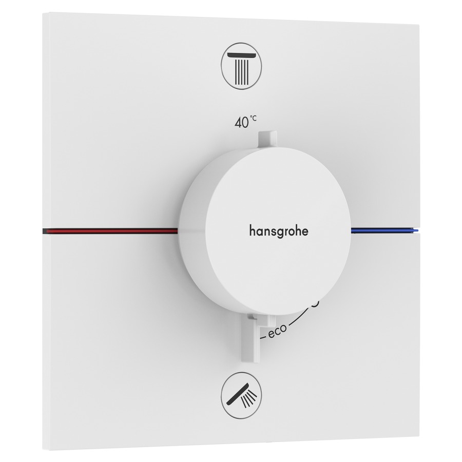 Thermostat SHOWERSELECT
COMFORT E UP
set de montage final
15,5 x 15,5 cm, pour commander
2 fonctions, robinet
Start/Stop, bouton Select
débit 26 l/min, avec
combinaison de sécurité, sans
corps à encastrer 757 049