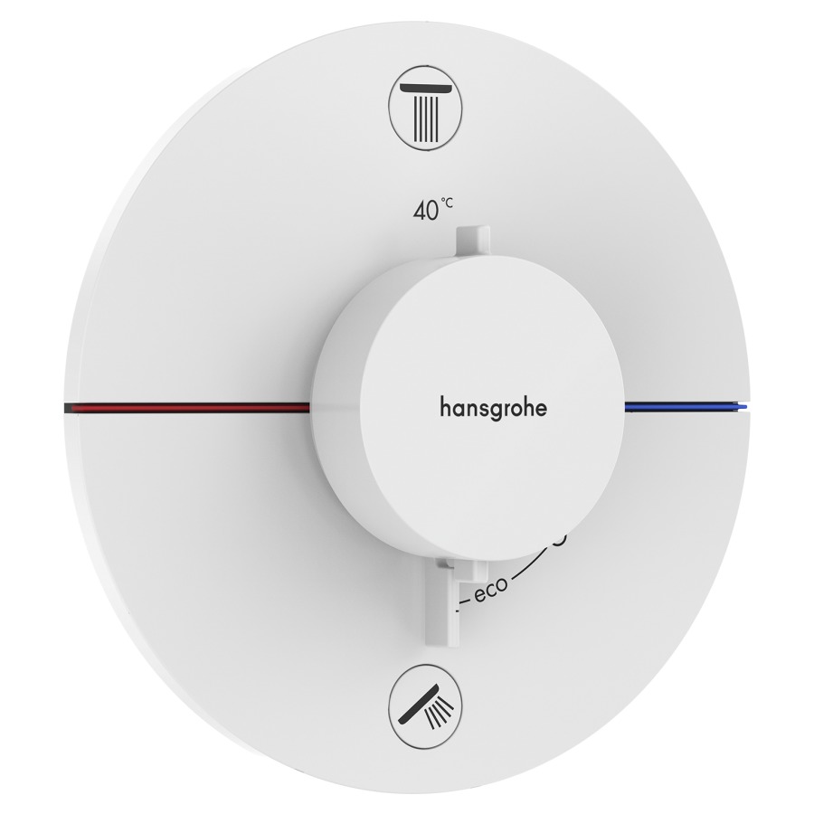 Thermostat SHOWERSELECT
COMFORT S UP
set de montage final
D 15,5 cm, pour commander
2 fonctions, robinet
Start/Stop, bouton Select
débit 22,1 l/min, sans corps à
encastrer 757 049