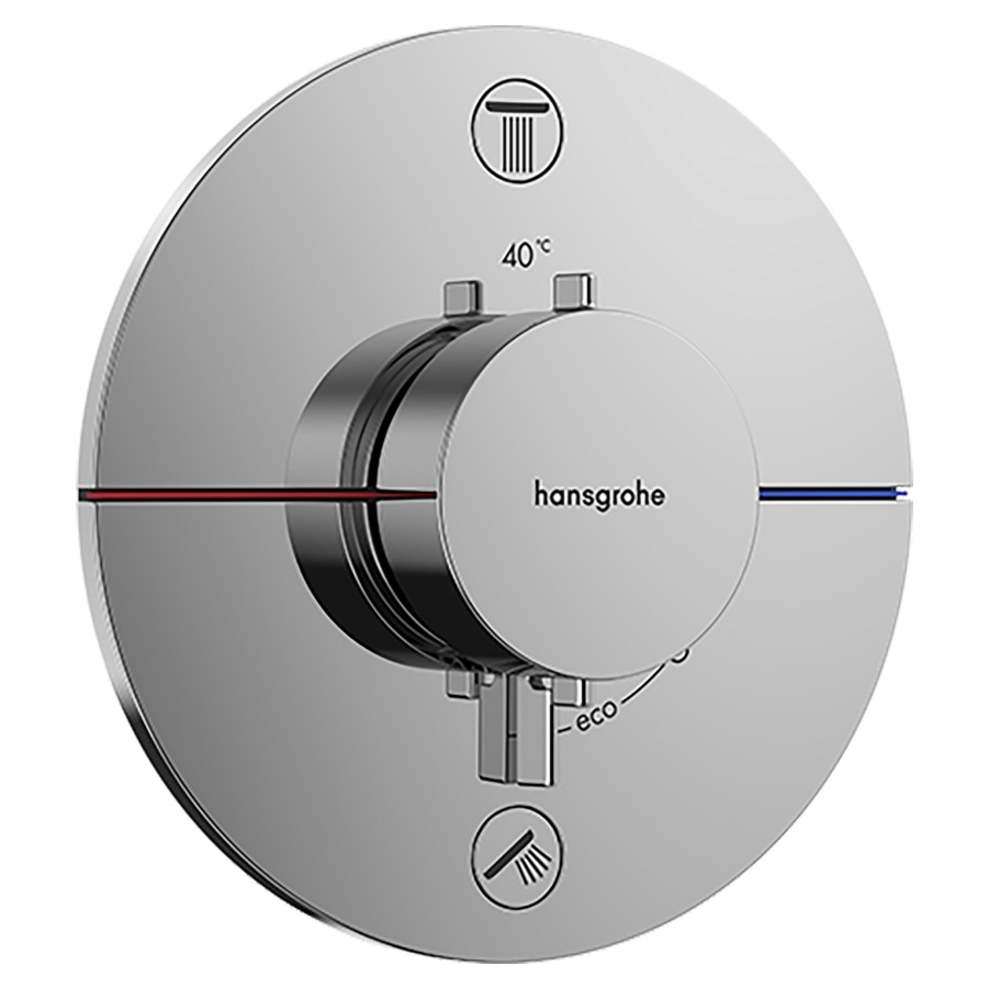 Thermostat SHOWERSELECT
COMFORT S UP
set de montage final
D 15,5 cm, pour commander
2 fonctions, robinet
Start/Stop, bouton Select
débit 27 l/min, avec
combinaison de sécurité, sans
corps à encastrer 757 049