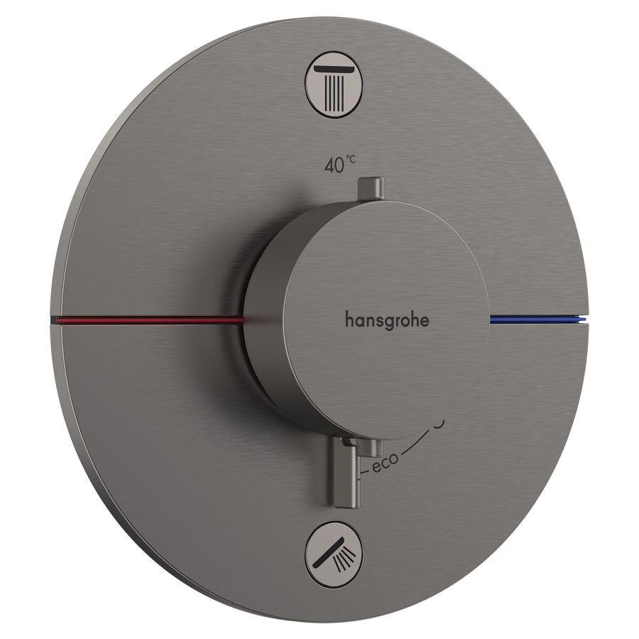 Thermostat SHOWERSELECT
COMFORT S UP
set de montage final
D 15,5 cm, pour commander
2 fonctions, robinet
Start/Stop, bouton Select
débit 27 l/min, avec
combinaison de sécurité, sans
corps à encastrer 757 049