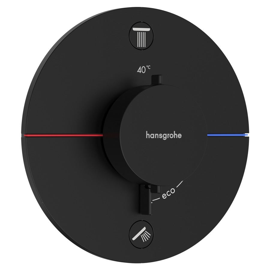 Thermostat SHOWERSELECT
COMFORT S UP
set de montage final
D 15,5 cm, pour commander
2 fonctions, robinet
Start/Stop, bouton Select
débit 27 l/min, avec
combinaison de sécurité, sans
corps à encastrer 757 049