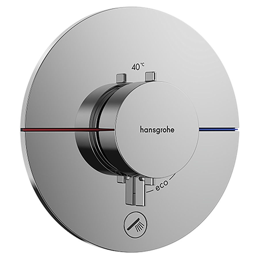 Thermostat SHOWERSELECT
COMFORT S UP
set de montage final
D 15,5 cm, pour commander
1 fonction et une sortie
supplémentaire, robinet
Start/Stop, bouton Select
débit 32,8 l/min, sans corps à
encastrer 757 049