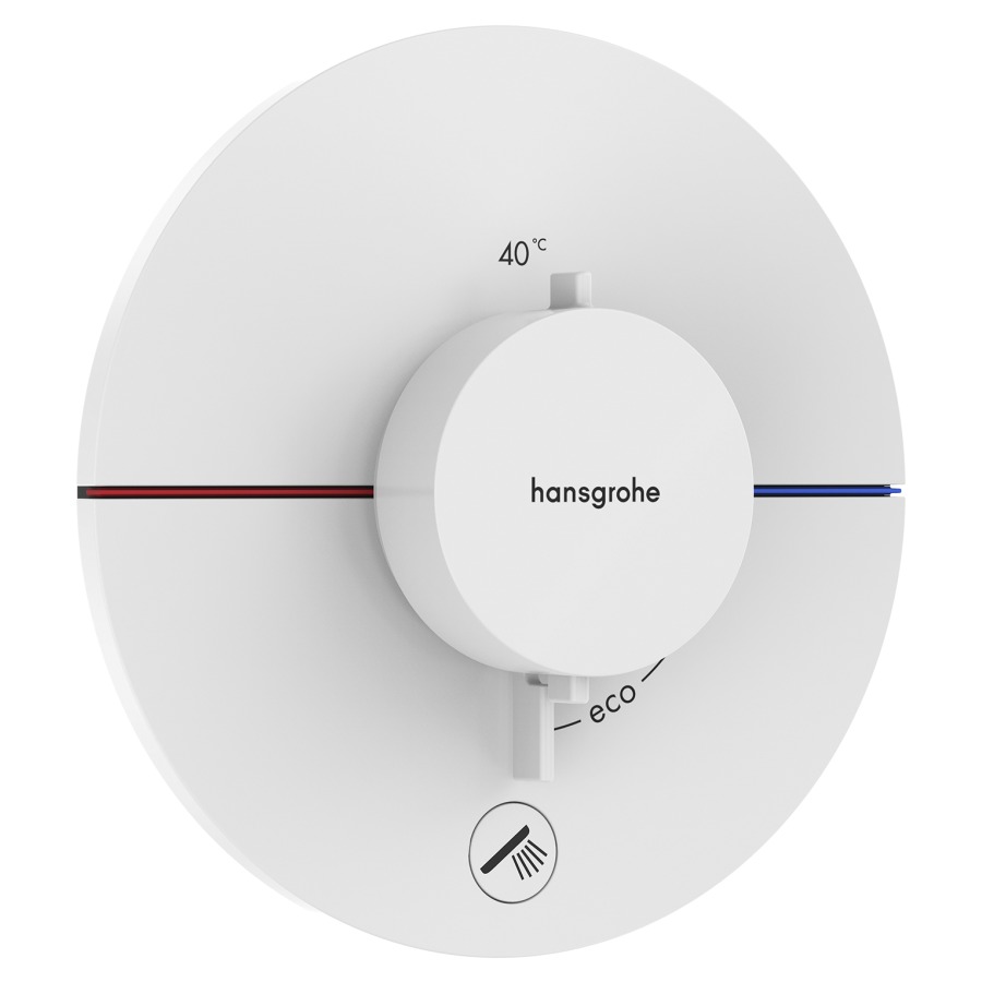 Thermostat SHOWERSELECT
COMFORT S UP
set de montage final
D 15,5 cm, pour commander
1 fonction et une sortie
supplémentaire, robinet
Start/Stop, bouton Select
débit 32,8 l/min, sans corps à
encastrer 757 049