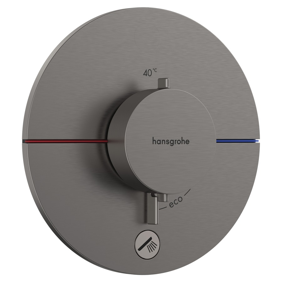 Thermostat SHOWERSELECT
COMFORT S UP
set de montage final
D 15,5 cm, pour commander
1 fonction et une sortie
supplémentaire, robinet
Start/Stop, bouton Select
débit 32,8 l/min, sans corps à
encastrer 757 049