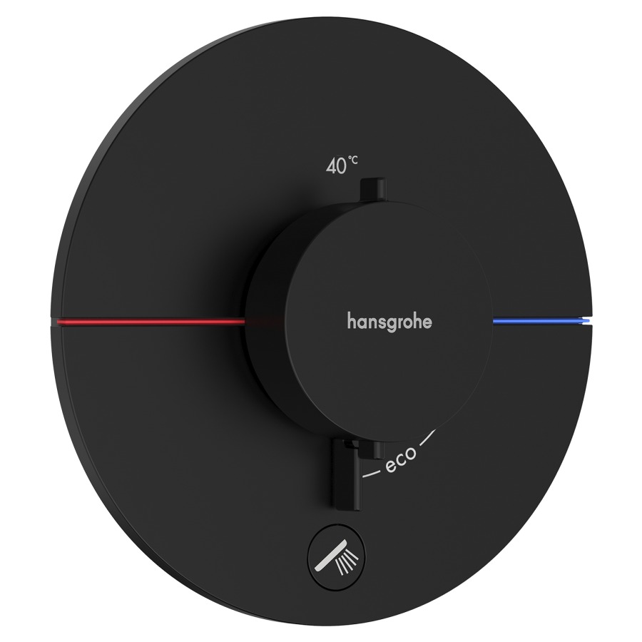 Thermostat SHOWERSELECT
COMFORT S UP
set de montage final
D 15,5 cm, pour commander
1 fonction et une sortie
supplémentaire, robinet
Start/Stop, bouton Select
débit 32,8 l/min, sans corps à
encastrer 757 049