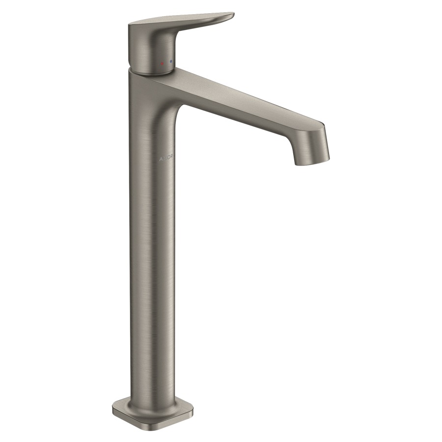 Mélangeur de lavabo CITTERIO M
S 170 mm, goulot fixe
haute coulonne
H jusqu'é aérateur 250 mm
H levier ouvert 361 mm
poignée à levier, avec vidage
à plaque toujours ouverte
débit 5 l/min
groupe acoustique I