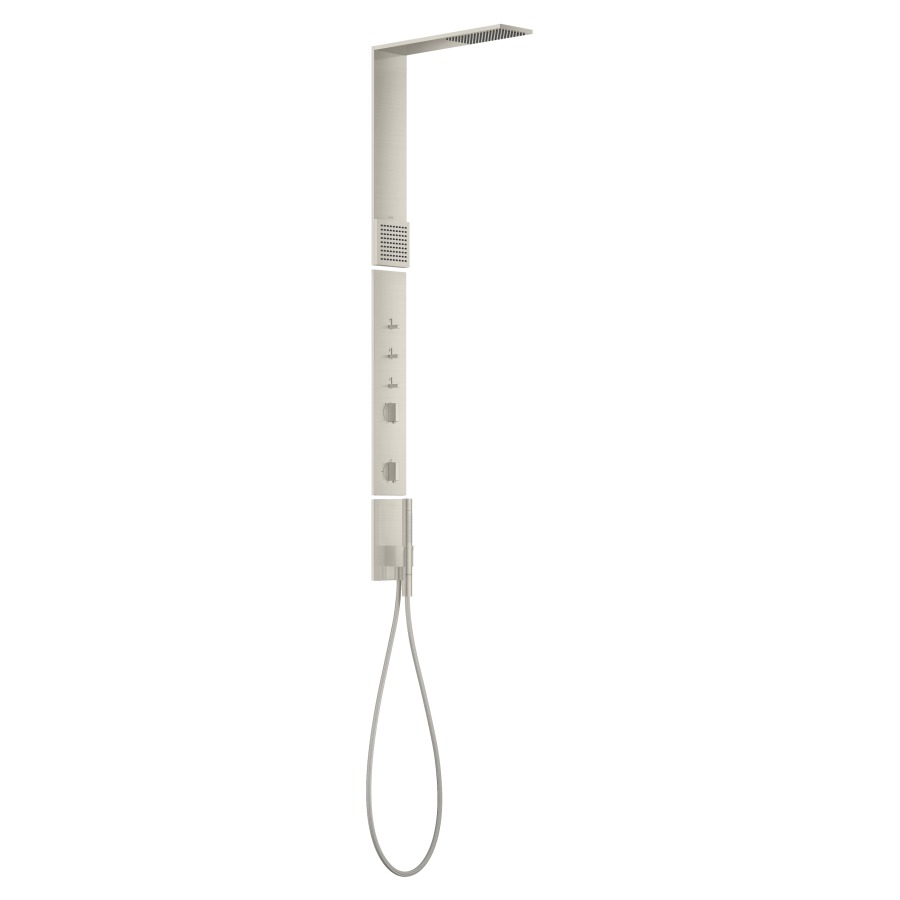 Douchepaneel SHOWERCOMPOSITION
avec thermostat
S 324 mm, douche de tête
11 x 22 cm, 1jet PowderRain
avec douche d'épaule
PowderRain, douche à main
bâton, tuyau de douche
sans corps à encastrer 758 087