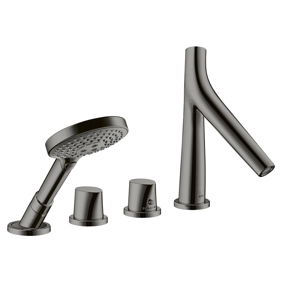 Garniture de rempliss. STARCK
ORGANIC 4 trous thermostat
goulot pour gorge de baignoire
S 190 mm, avec robinet d'arrêt
e inverseur, douche à main
Raindance S 100 Air, set final
pour montage sur gorge de
baignoire, sans corps à
encastrer 758 027, groupe
acoustique NT