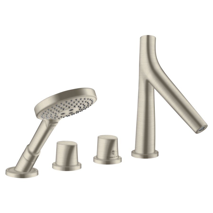 Garniture de rempliss. STARCK
ORGANIC 4 trous thermostat
goulot pour gorge de baignoire
S 190 mm, avec robinet d'arrêt
e inverseur, douche à main
Raindance S 100 Air, set final
pour montage sur gorge de
baignoire, sans corps à
encastrer 758 027, groupe
acoustique NT