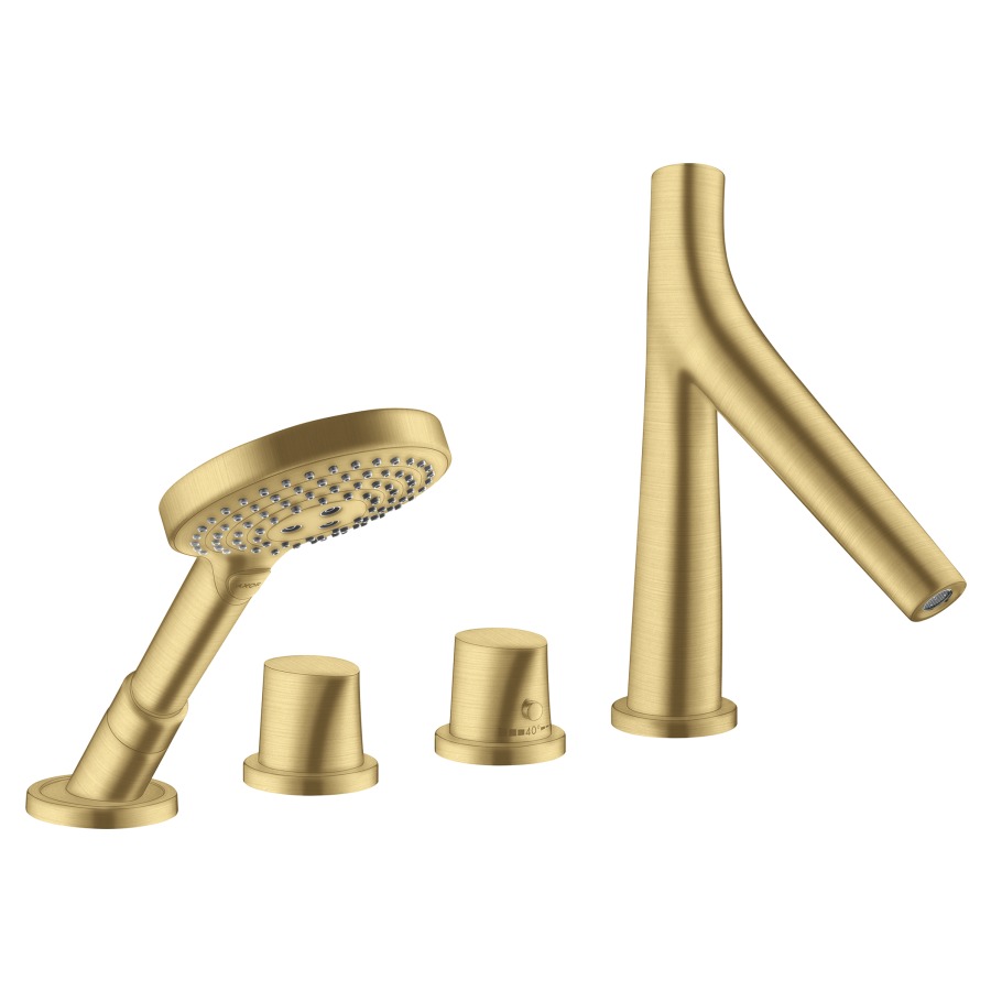 Garniture de rempliss. STARCK
ORGANIC 4 trous thermostat
goulot pour gorge de baignoire
S 190 mm, avec robinet d'arrêt
e inverseur, douche à main
Raindance S 100 Air, set final
pour montage sur gorge de
baignoire, sans corps à
encastrer 758 027, groupe
acoustique NT