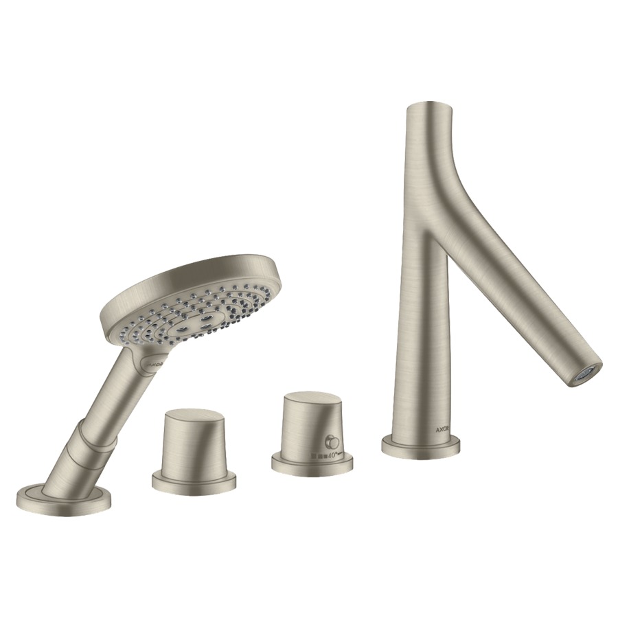 Garniture de rempliss. STARCK
ORGANIC 4 trous thermostat
goulot pour gorge de baignoire
S 190 mm, avec robinet d'arrêt
e inverseur, douche à main
Raindance S 100 Air, set final
pour montage sur bord carrelé
sans corps à encastrer 758 028
groupe acoustique NT