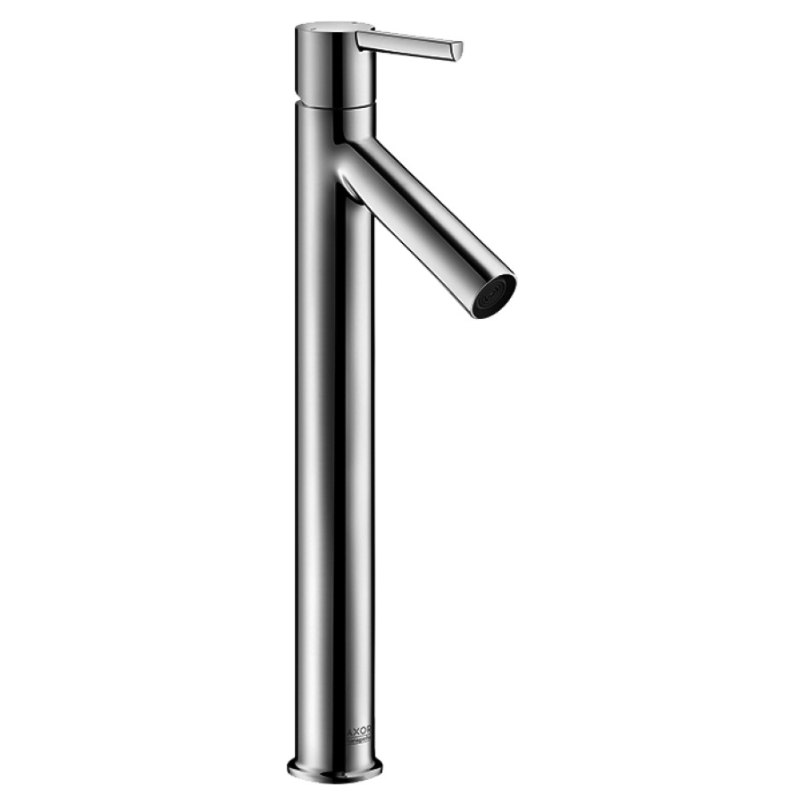 Mélangeur de lavabo STARCK
S 107 mm, goulot fixe
haute colonne
H jusqu'à aérateur 248 mm
H levier ouvert 391 mm
avec soupape à grille non
verouillable, débit 5 l/min
groupe acoustique I